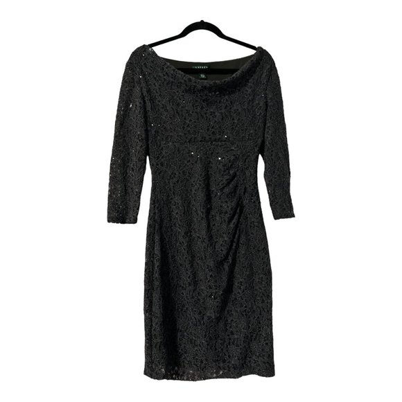 Ralph Lauren Size 8 Long Sleeve Sequin Lace Ruffle Cocktail Dress - Picture 1 of 8